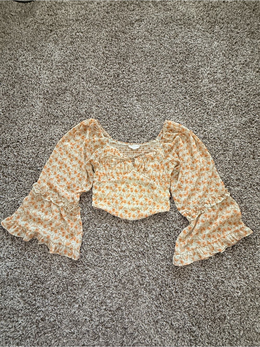 Smocked Floral Crop Top with Bell Sleeves - Cream & Orange